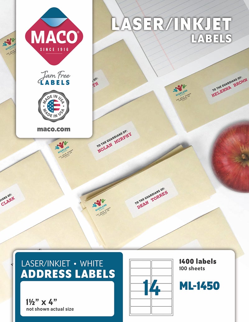 MACO Laser/Ink Jet White Address Labels, 1-1/2" x 4", 14 per Sheet, 1400 per Box (ML-1450) - Image 1